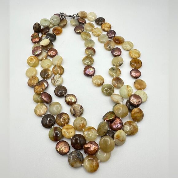 18", three strand jasper and pearl disk necklace with sterling silver clasp! - Picture 13 of 16